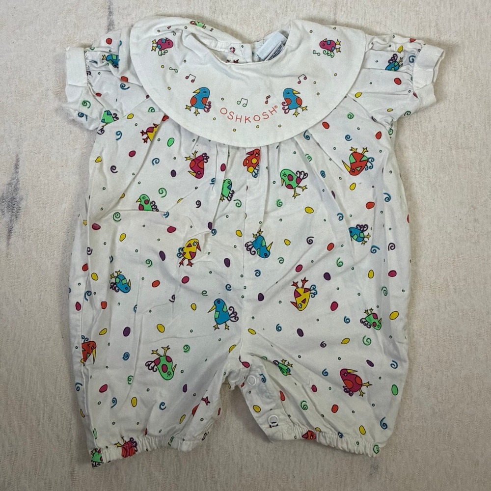 Vintage OshKosh Baby Romper 3-6 Months Birds Musical Print USA Made Bubble - Picture 1 of 8